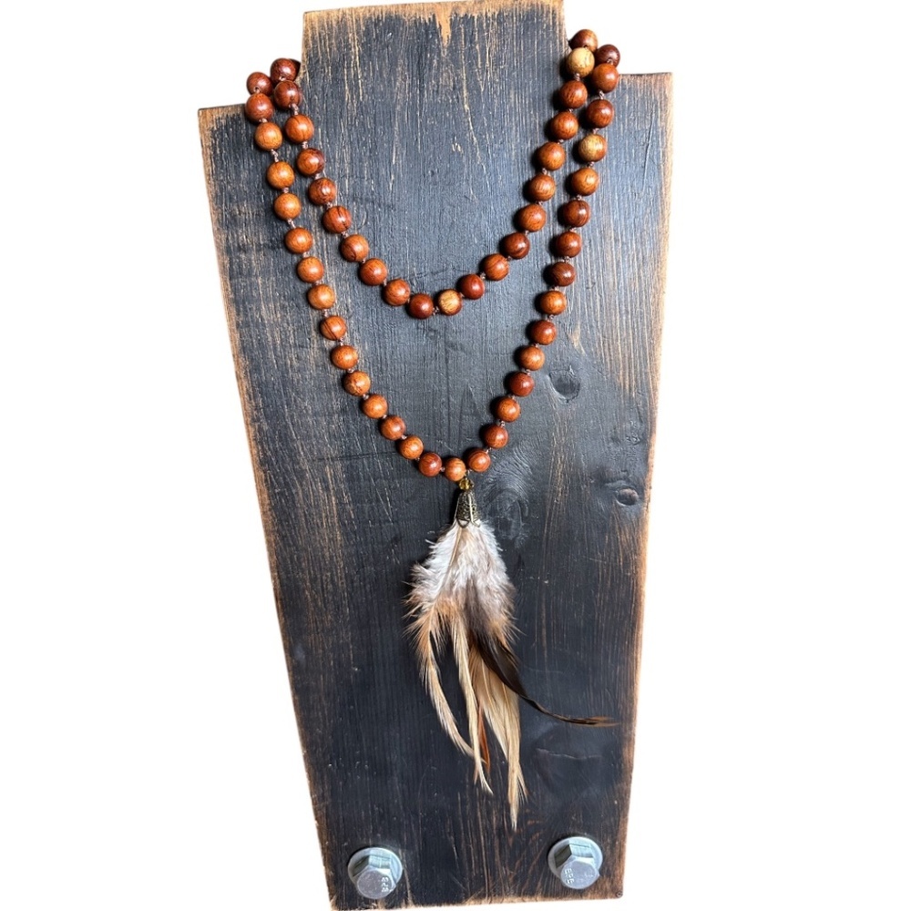 Classic Wooden Feather Necklace Boho Beaded Statement Necklace Brown Multi